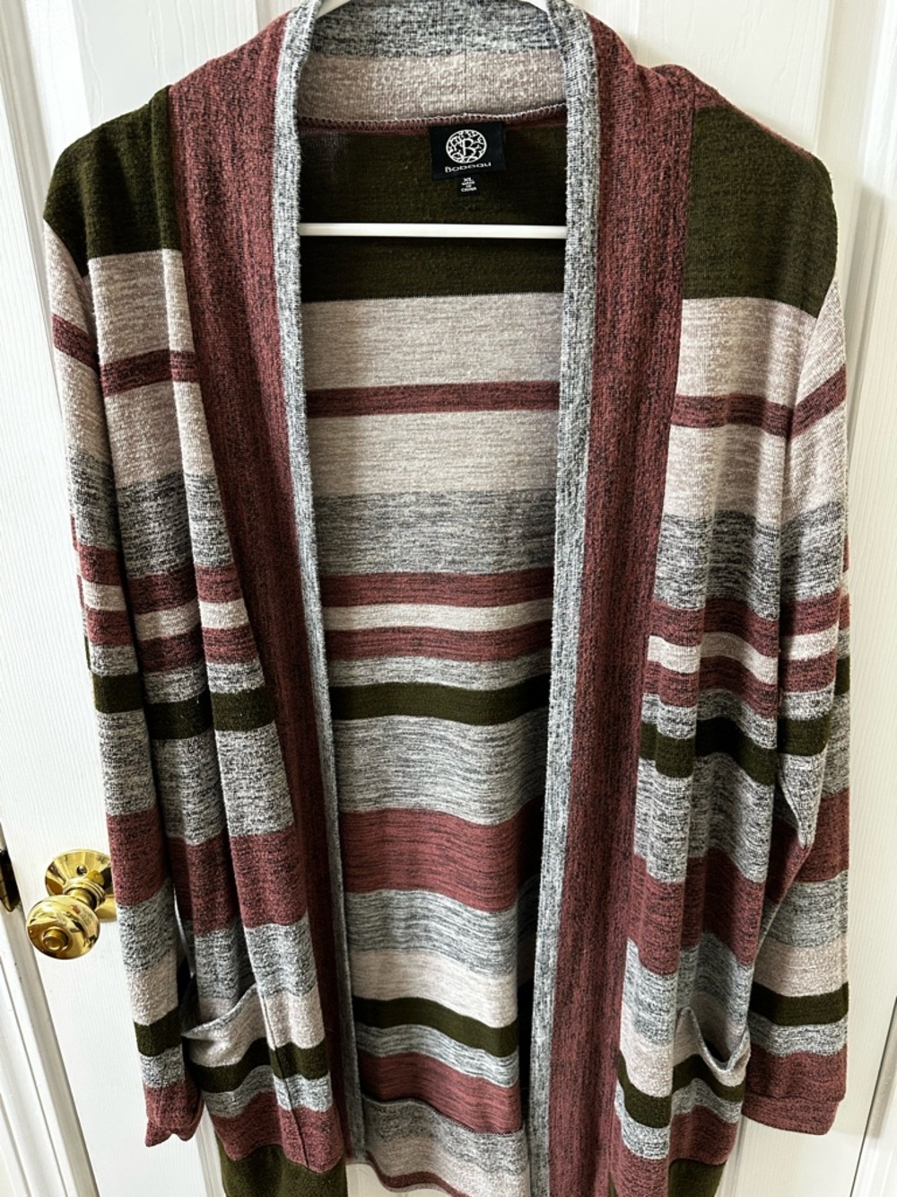 bobeau Olive, Mauve & Heather Gray Striped Open Cardigan